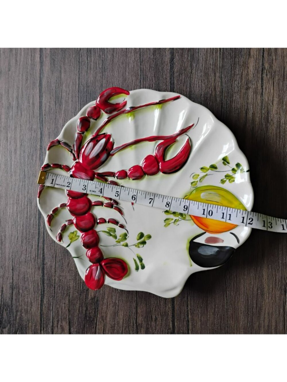 Vintage Italian Majolica 3D Lobster Platter, Hand Painted Scalloped Shell Plate - Picture 3 of 8